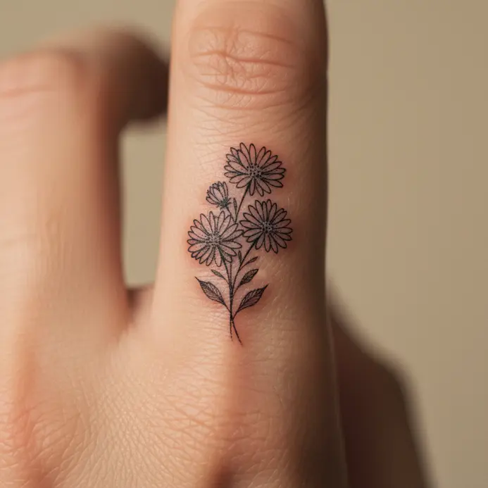 A micro bouquet of aster flowers tattooed in fine detail on the side of a finger.