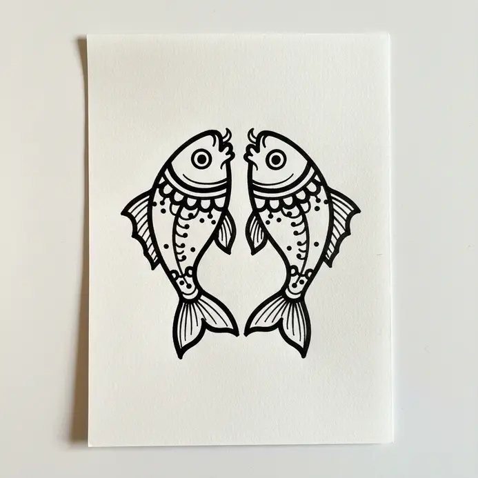 Fine marker sketch of a Jora Maach pair of fish utilizing symmetrical folk art outlines.