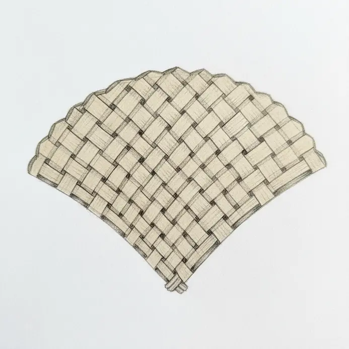Pencil outline sketch of a traditional handwoven Shital Pati fan emphasizing intersecting grid patterns.