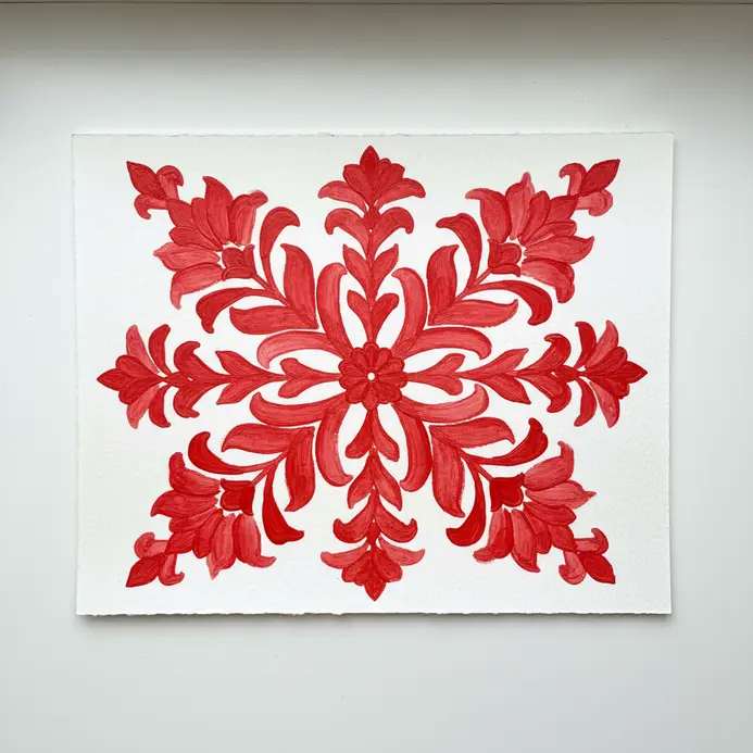A red floral Alta pattern painted in bright scarlet acrylics on watercolor paper with thin symmetrical lines.