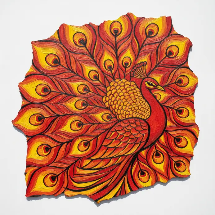 A stylized peacock painting bursting with vivid red and yellow feathers defined by tight black outlines.