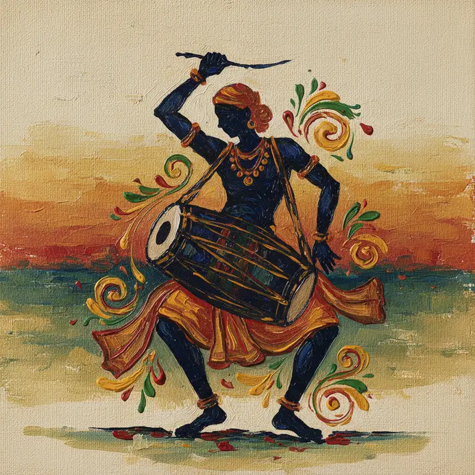 A solid black silhouette of a drumming figure positioned against an ochre background in a traditional folk style.