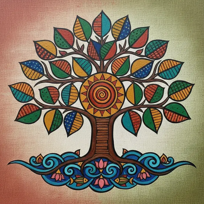 A bold tree of life composed of simple geometric branches and circular leaves painted in primary colors.
