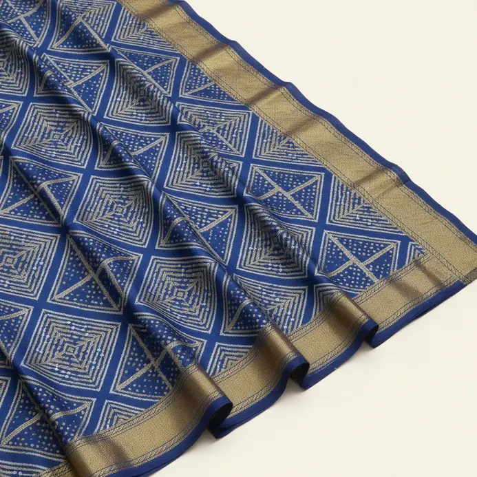 A long rectangular painting showing a repeating triangular saree border pattern in bright crimson and gold.