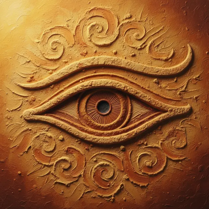 A highly stylized oversized goddess eye motif painted over an ochre yellow backdrop with distinct curving lashes.