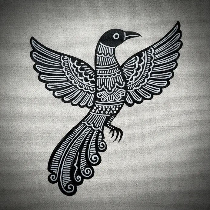 A monochromatic folk art painting of a round bird filled with intricate black and white crosshatching.