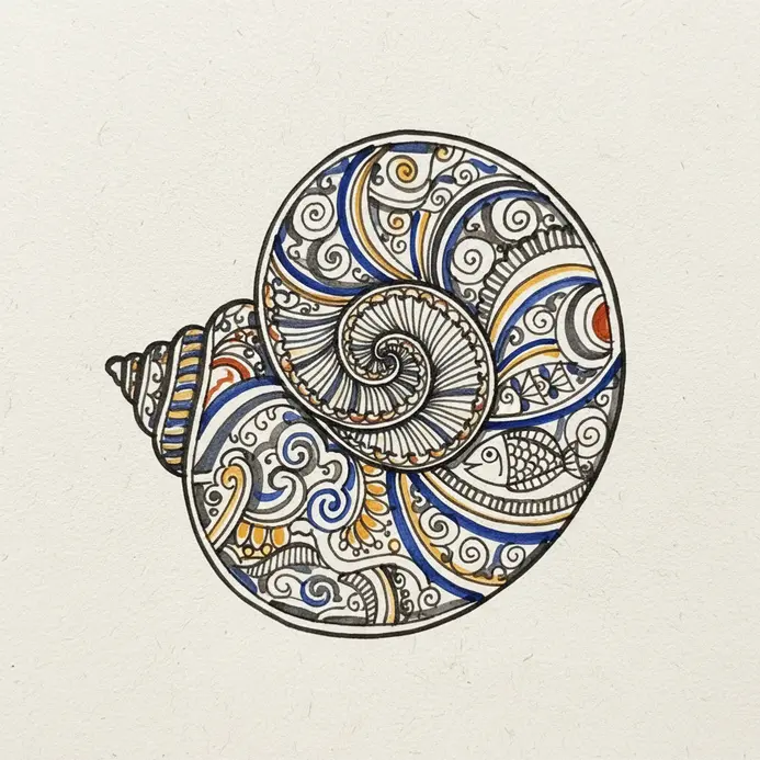 A fluid abstract representation of a spiraling conch shell rendered in thick blue brushstrokes.