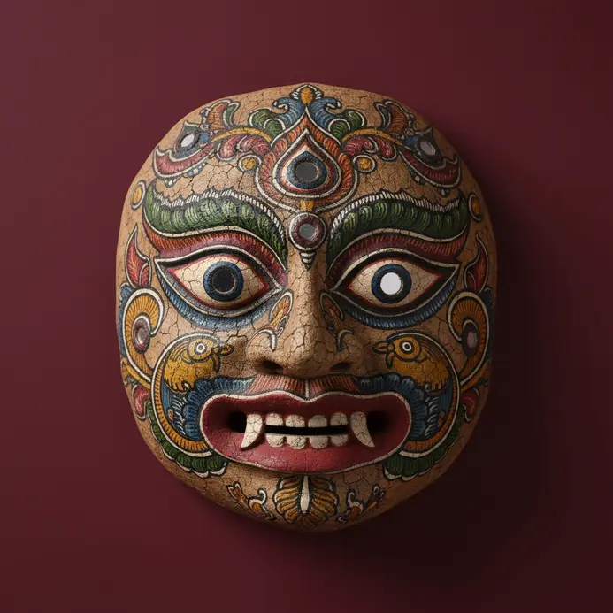 A flat canvas painting depicting a traditional spherical Pithu face mask painted in vibrant earthy pigments.