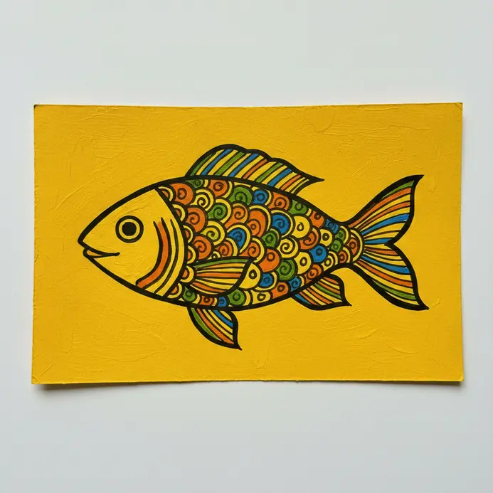 A stylized Patachitra fish drawing featuring thick black outlines over a bright yellow canvas.