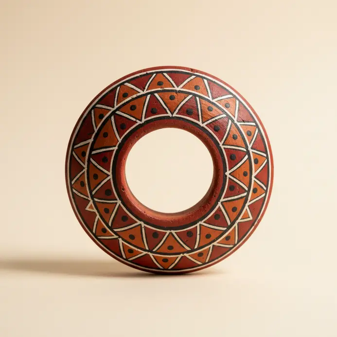 A series of concentric geometric rings painted in stark white across a rich terracotta red background.