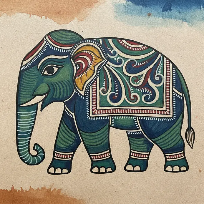 A blocky simplified folk elephant painted in solid blue and decorated with small symmetrical white dots.
