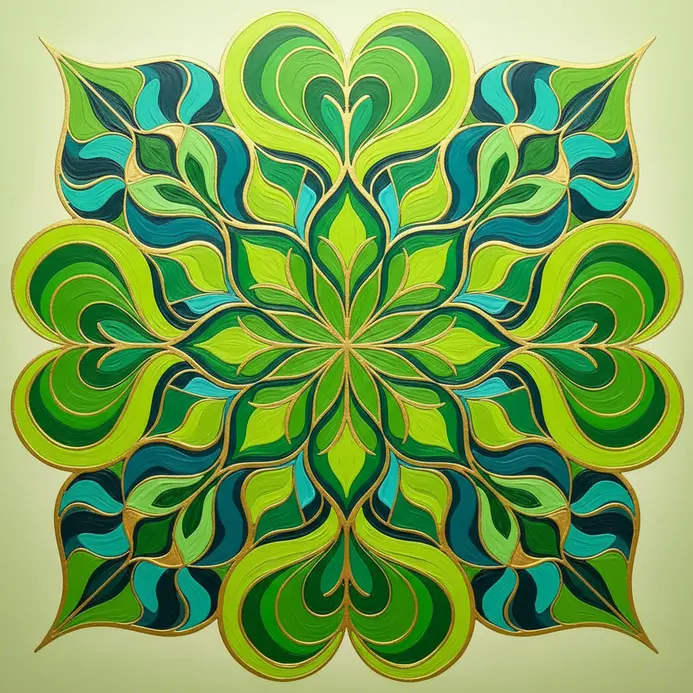 A sharp heart-shaped betel leaf motif painted in contrasting shades of bright green and deep outlining.