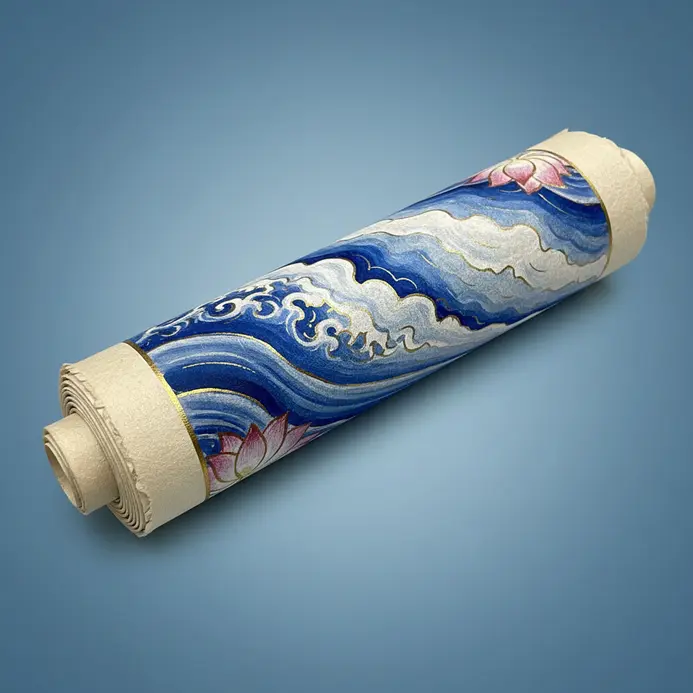 A flowing horizontal scroll pattern painted in blended ocean blues against a solid crisp white surface.