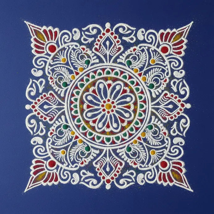 A triangular Alpona corner design filling the edge of the canvas with radiating white floral elements.