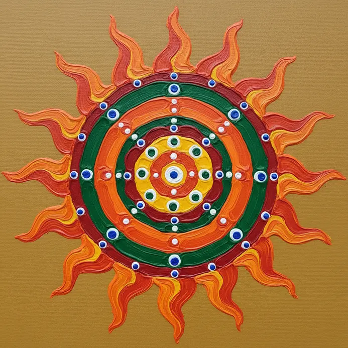 A massive traditional folk sun motif featuring a smiling face completely surrounded by pointed flame-like orange triangles.