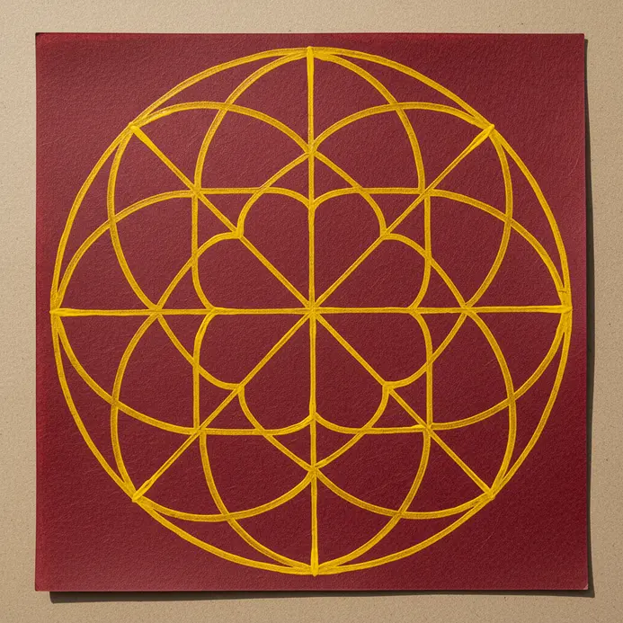 A bright yellow geometric Alpana pattern painted on dark red textured paper with clean overlapping circles.