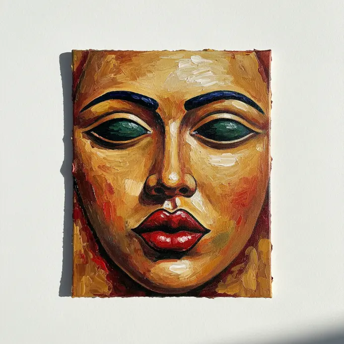 An acrylic portrait of a stylized folk art clay mask featuring dramatic elongated eyes and bold red lips.