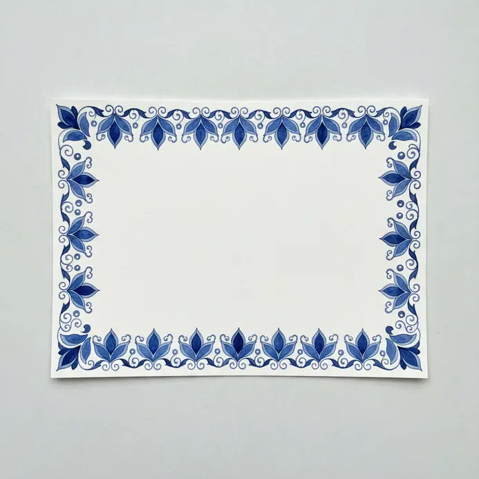 A deep indigo floral border painted along the edge of white watercolor paper showcasing repeating petal shapes.