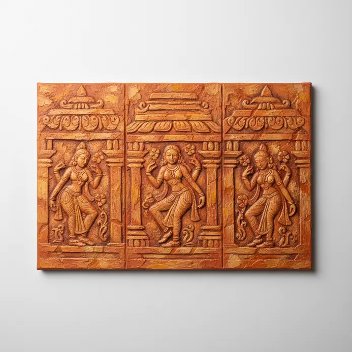A heavily textured acrylic painting mimicking traditional terracotta temple panels with earthy orange tones.