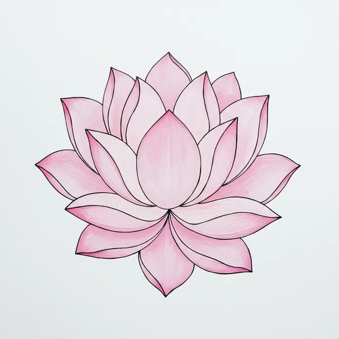 A minimalist abstract painting composed of simplified pink lotus petals outlined in fine black ink.