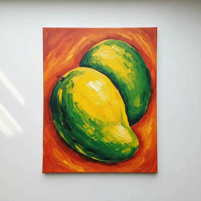 A curved mango motif painted in vibrant yellow and green acrylic against a brownish red background.