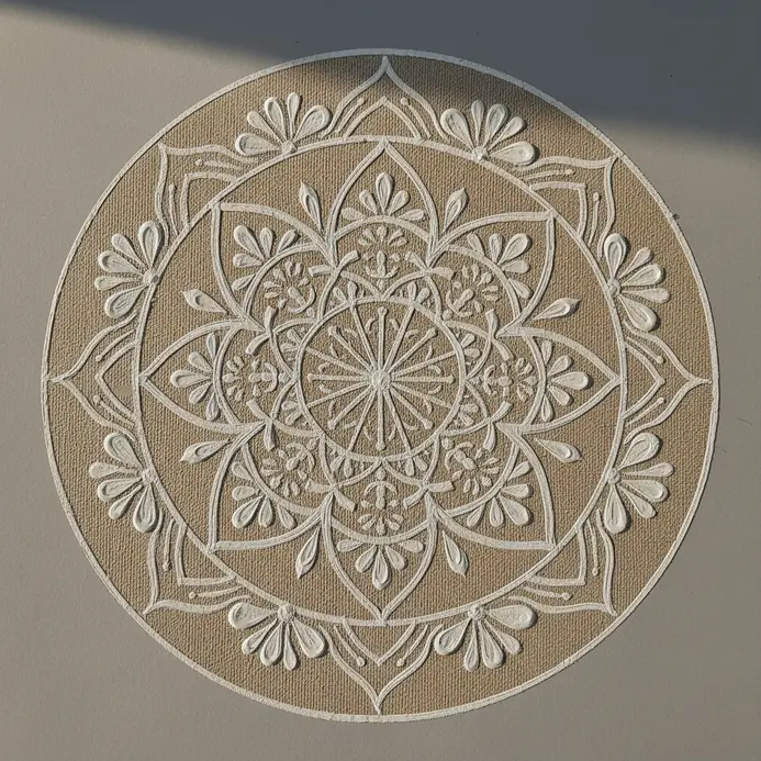 A complex circular Alpana mandala painted in thick white acrylic designed to simulate traditional rice paste.