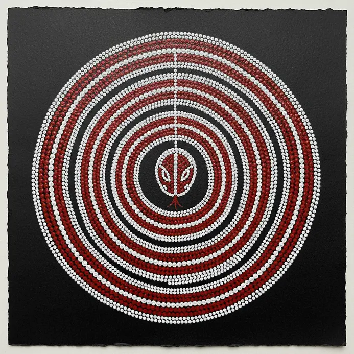 A coiled tribal snake drawn in black ink featuring parallel white dot patterning.