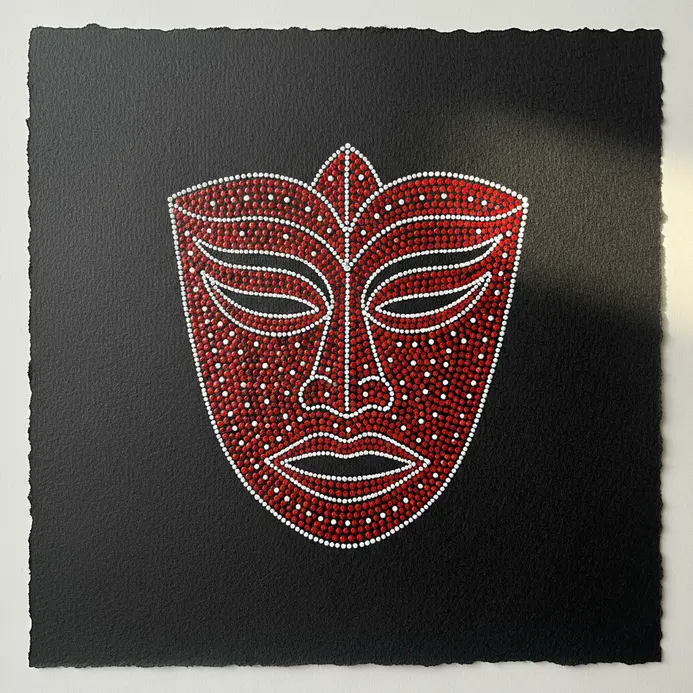 A bold drawing of a traditional Bhil mask using contrasting red and white dots.