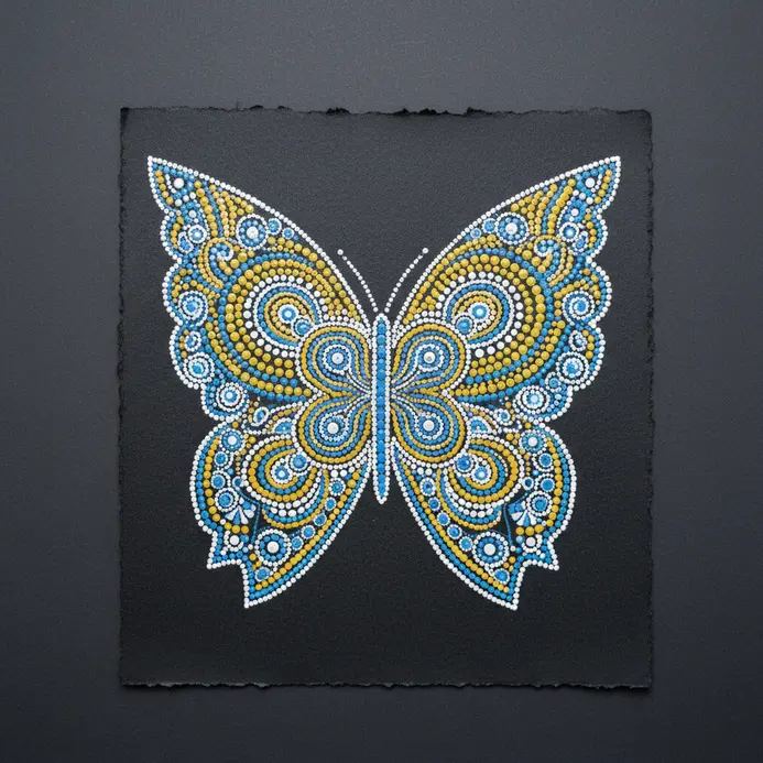 An evenly balanced drawing of butterfly wings decorated with repeating concentric dot circles.