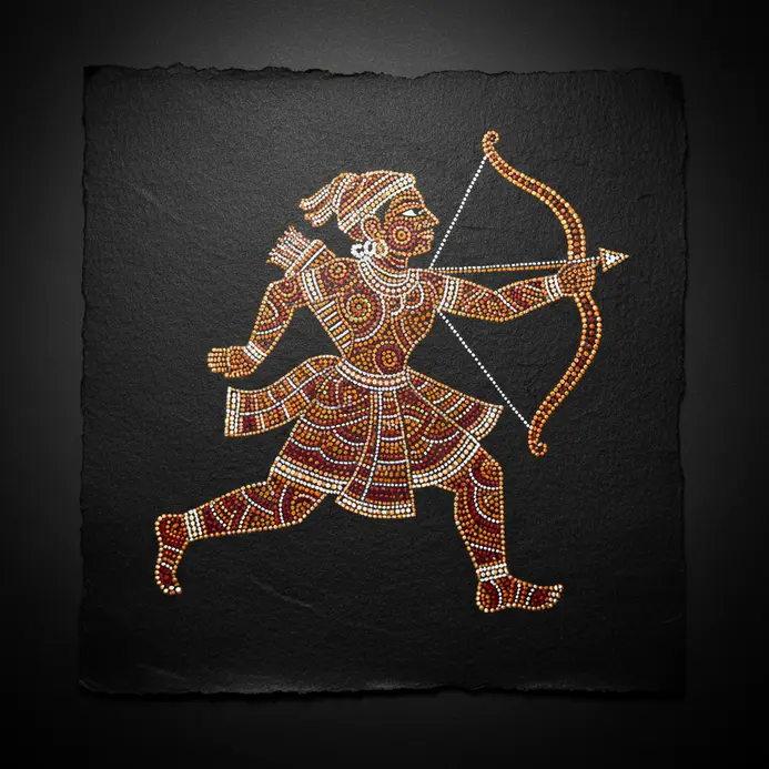 A tribal sketch depicting a running hunter figure composed of simple outlines and internal dots.