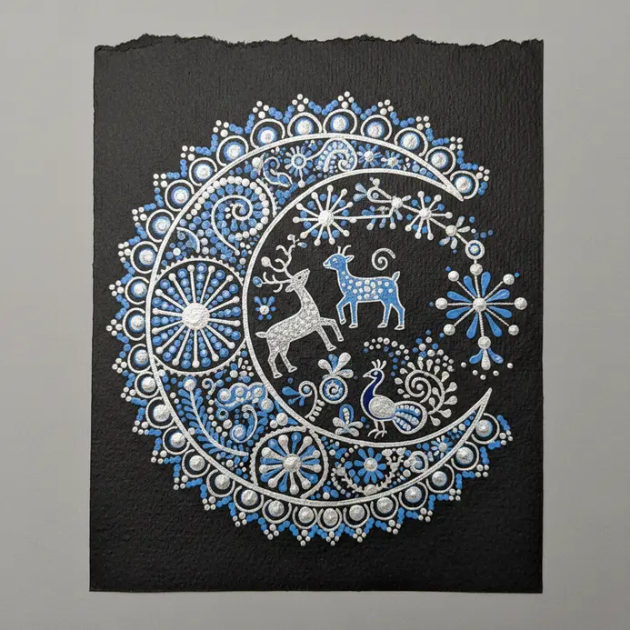 A silver ink drawing of a crescent moon containing stylized folk motifs and small dots.