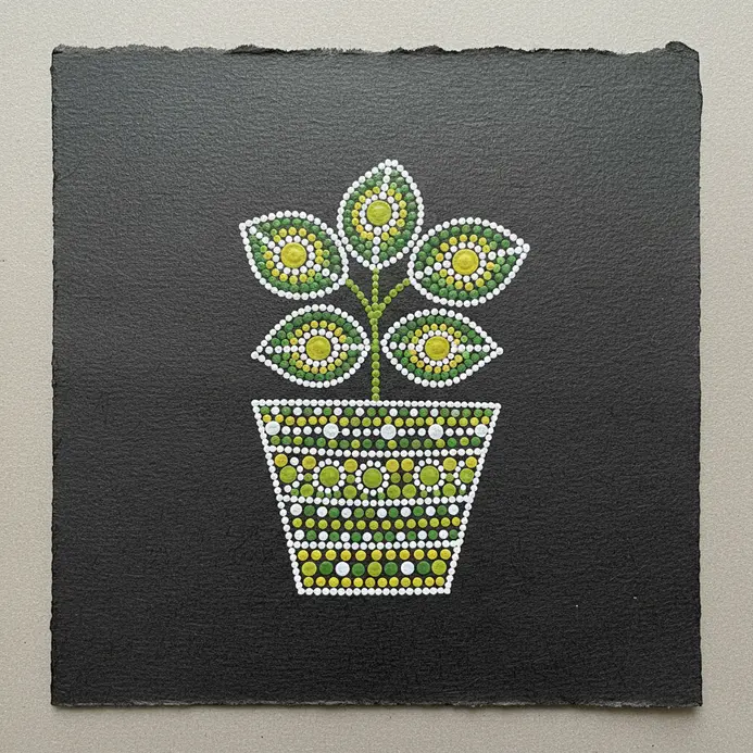 An illustration of a small potted plant where both the pot and leaves display dotted textures.