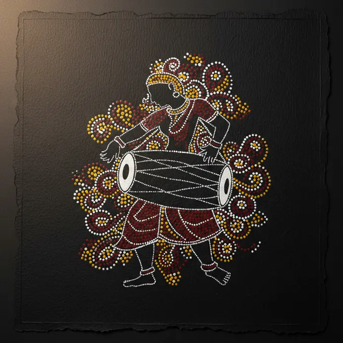 A vibrant marker illustration of a Bhil drum player framed entirely by rhythmic dots.