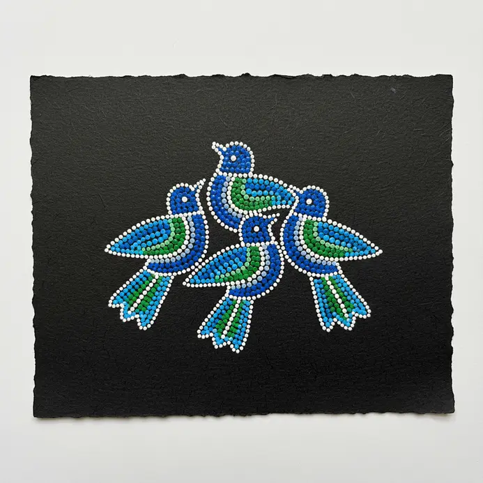 A flock of three stylized tribal birds rendered in blue and white acrylic dots.