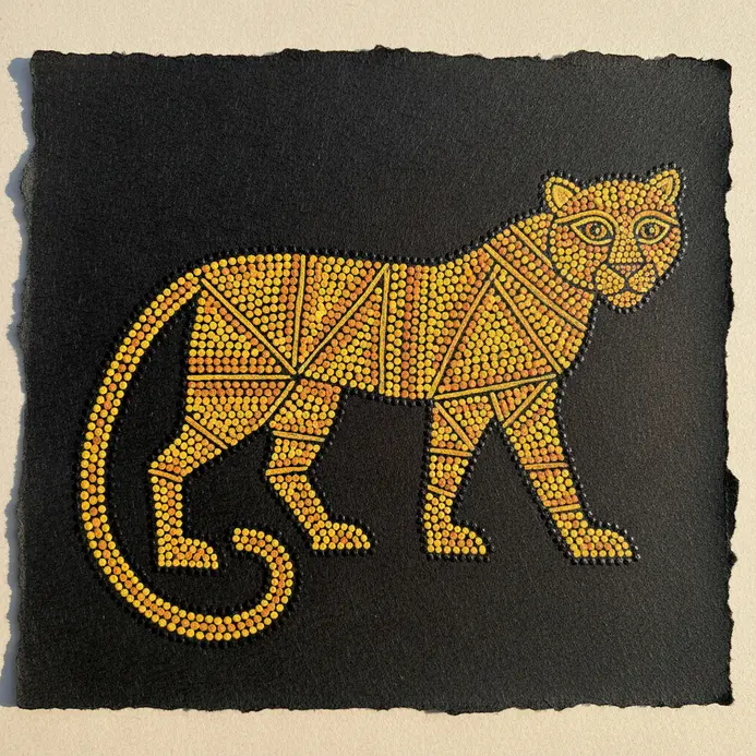 A drawing of a leopard with a structured geometric body filled with yellow dots.