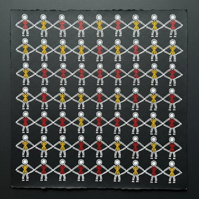 A repeated pattern of small tribal human figures connected in a continuous chain holding hands.