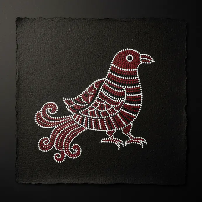 A dotted outline of a stylized sitting bird drawn with black and red ink.