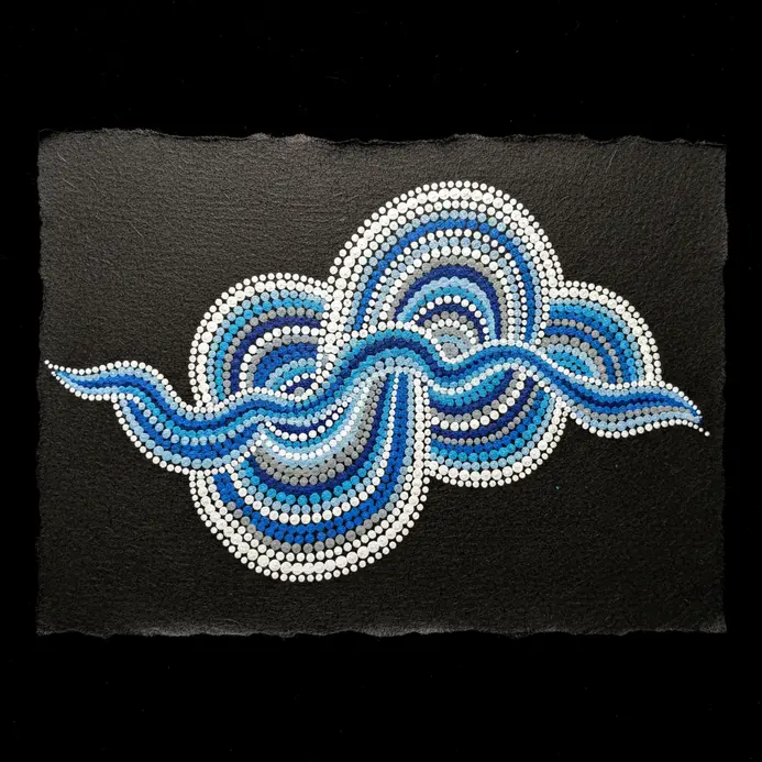 A simple sketch of sweeping clouds with interior bands built from overlapping tribal dots.