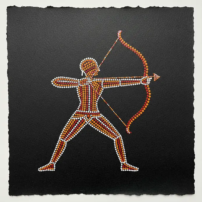 A minimalist fine-liner illustration of an archer figure entirely decorated with vertical dot lines.