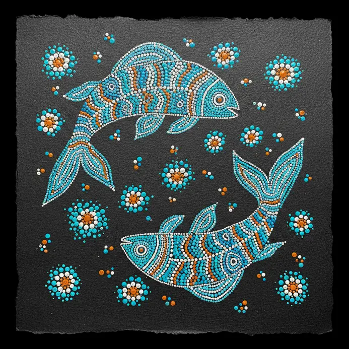 An acrylic marker drawing of two flowing fish filled with contrasting tribal dots.