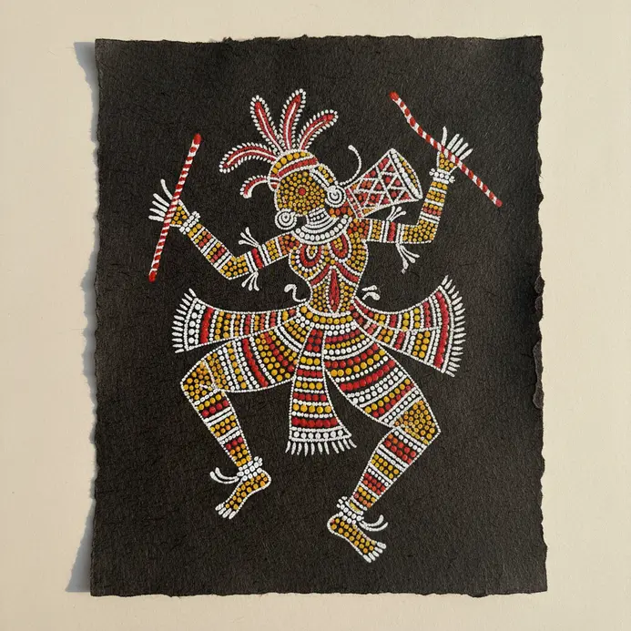 A simple black fine-liner drawing of a dancing tribal human figure with internal dot patterns.