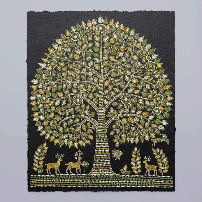 A dotted pattern forming a large folk art Tree of Life graphic on mixed media paper.