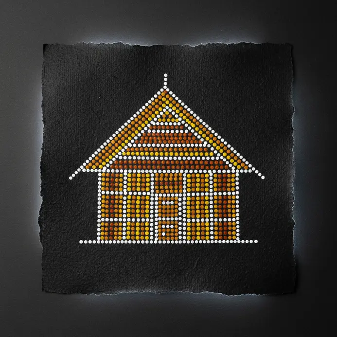 A tribal drawing of a geometric village hut featuring yellow and orange dotted textures.