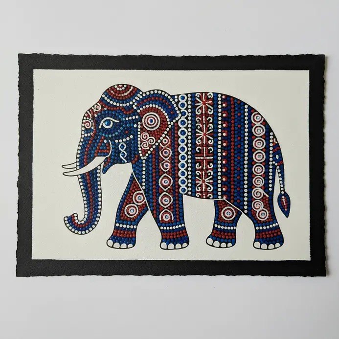 A blue acrylic marker outline of a standing elephant filled with tribal dot columns.
