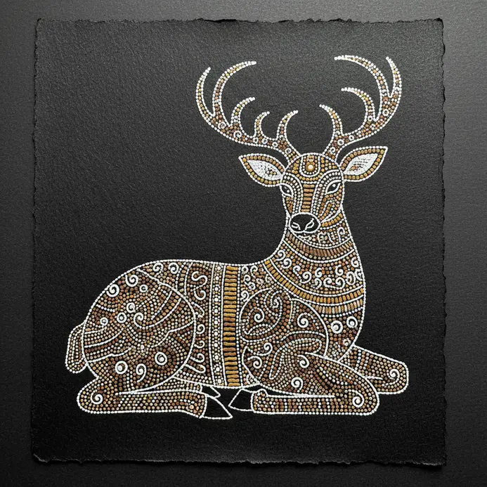 An ornate drawing of a sitting deer using white dots against a dark painted outline.