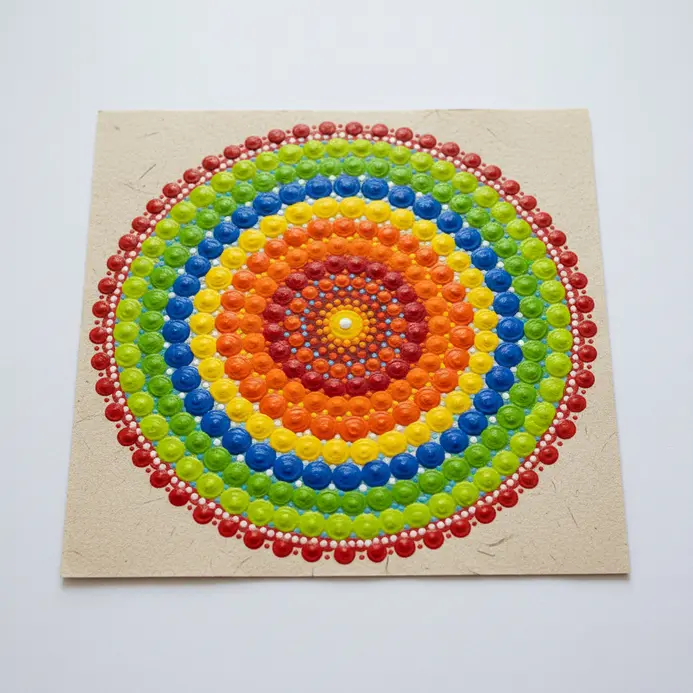 An acrylic painting of a brilliant yellow and orange concentric dot sun motif against a dark brown background.