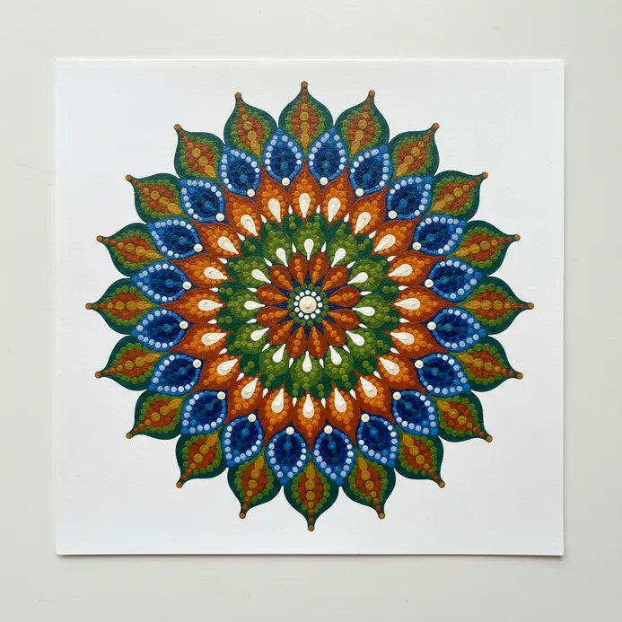 Several symmetrical teardrop shapes painted with alternating internal rings of bright purple and green acrylic dots.