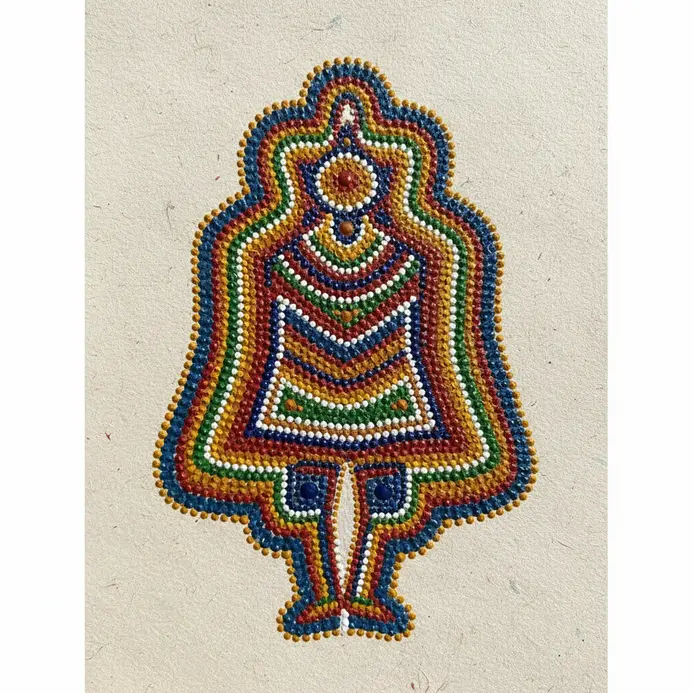 A tribal human figure filled with tiny rhythmic dots carrying tools created distinctly through dense stippled patterns.