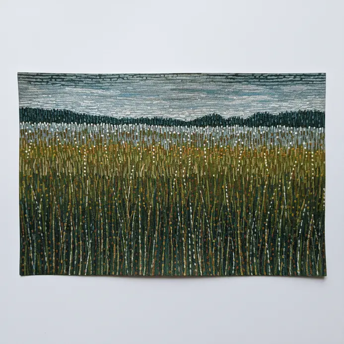 A landscape scene composed solely of vertical dotted columns in varying shades of green to suggest tall swaying grass.