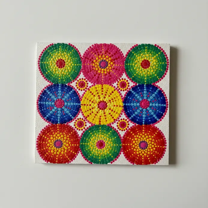 Four large blooming flower heads rendered completely in stippled pink dots atop long thin green dotted stem lines.